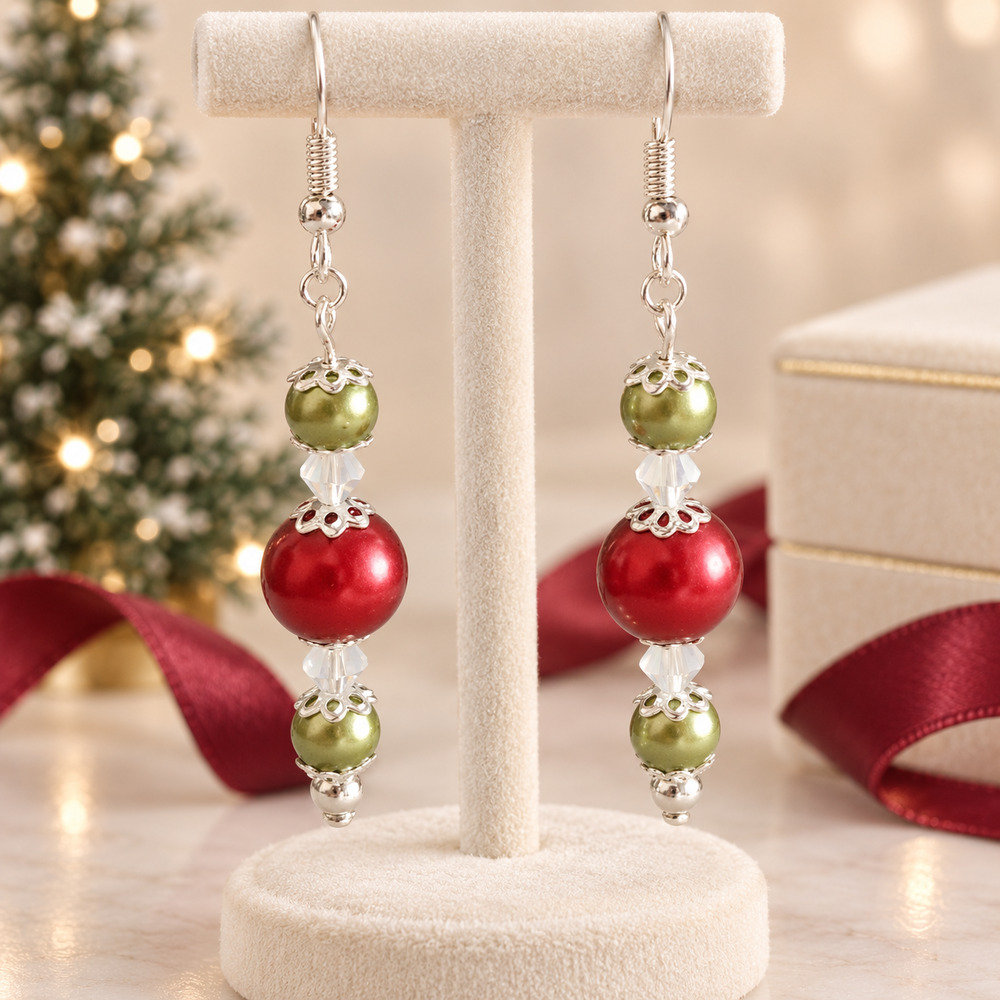 Handmade Christmas Red Green Pearl Bicone Crystal Dangle Earrings #C52